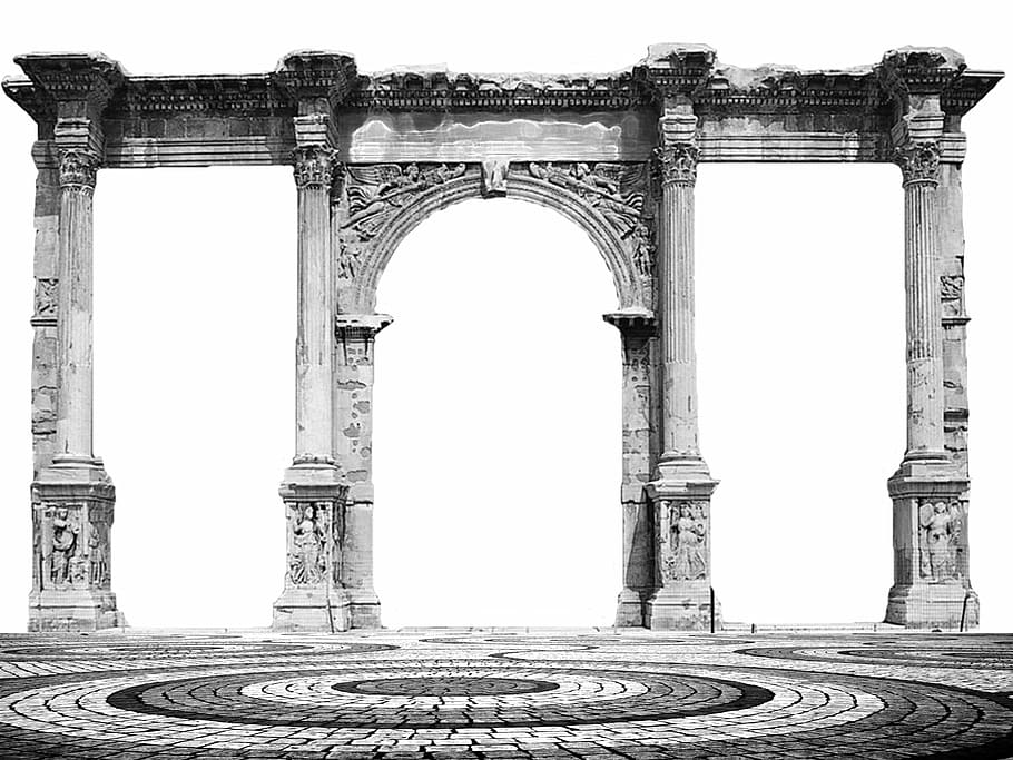 gris, fotografia a escala, concret, pilar, escala de grisos, foto, arc de formigó, retallada, fons, teló de fons, arquitectura, clàssic, triomfal, arc, mosaic, patró, paviment, antic, històric, negre, blanc, a l'aire lliure, escènic, lloc, història, estructura construïda, columna arquitectònica, exterior de l'edifici, el passat, turisme, destinacions de viatge, viatjar, antiga ruïna, cel clar, dia, ciutat, cel, cap gent, naturalesa, civilització antiga, vell, arruïnat, arqueologia, 1080P