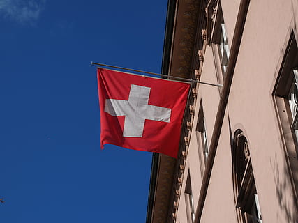 flag, switzerland, wind, flutter, cross, red, white, home, facade, blow, patriotism, sky, low angle view, blue, architecture, nature, clear sky, day, no people, built structure, environment, building exterior, pride, outdoors, sunny, national icon, independence, 4K, CC0, public domain, royalty free