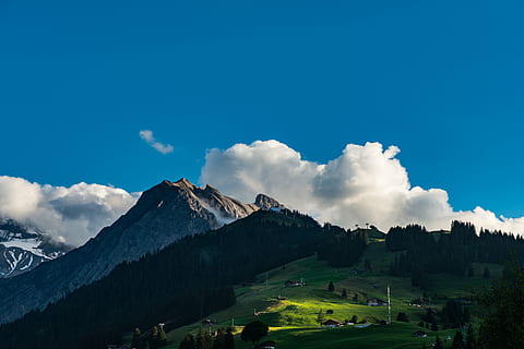 clouds, hill, landscape, mountain, outdoors, scenic, nature, european Alps, scenics, summer, sky, meadow, forest, mountain Peak, scenics - nature, beauty in nature, cloud - sky, environment, mountain range, grass, non-urban scene, tranquil scene, tree, plant, land, tranquility, blue, snow, green color, no people, snowcapped mountain, 5K, CC0, public domain, royalty free