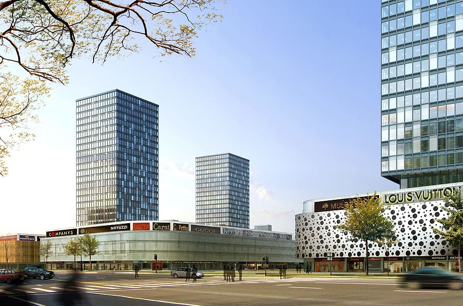 fotografia, strutture della città, edificio per uffici, villa, interpretazione, visualizzazione, architettura, visualizzazione 3d, visualizzazione architettonica, paesaggio, costruzione, cgi, città, struttura costruita, esterno dell'edificio, albero, edificio per uffici esterno, moderno, cielo, mezzi di trasporto, ufficio, giorno, modo di trasporto, cielo sereno, natura, cartello, strada, pianta, persone accessorie, vetro - materiale, grattacielo, all'aperto, distretto finanziario, 2K