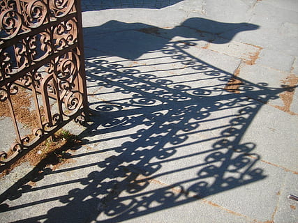 Grid, Shadow, entry, day, no people, water, outdoors, close-up, sunlight, pattern, high angle view, nature, architecture, metal, footpath, built structure, railing, street, design, city, sunny, road, wood - material, plant, wrought iron, focus on shadow, floral pattern, 2K, CC0, public domain, royalty free