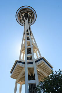 ago spaziale, Seattle, Washington, architettura, centro, famoso, turismo, alto, Torre, Inquadratura dal basso, struttura costruita, cielo, cielo sereno, natura, nessuno, giorno, esterno dell'edificio, alto - alto, albero, costruzione, all'aperto, blu, pianta, metallo, legno - materiale, modello, scala, 5K, CC0, dominio pubblico, privo di copyright