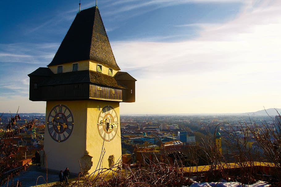 beix, marró, pintat, casa, rellotge, ciutat, graz, Austràlia, estiria, Torre del Rellotge, sol, schlossberg, seltsme ​​posició del punter, llocs d'interès, referència, arquitectura, estructura construïda, exterior de l'edifici, cel, naturalesa, edifici, paisatge urbà, torre, destinacions de viatge, cap gent, història, a l'aire lliure, religió, paisatge, núvol - cel, lloc de culte, creença, vespre, 4K