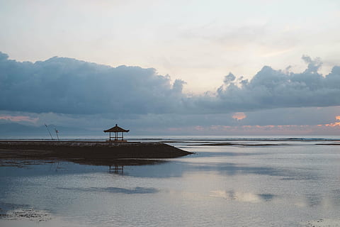 body, water, beside, seashore, brown, gazebo, blue, sea, sky, clouds, ocean, reflection, beach, shore, coast, cottage, rocks, nature, beauty in nature, tranquility, tranquil scene, scenics, outdoors, waterfront, scenics - nature, cloud - sky, land, no people, sunset, idyllic, day, non-urban scene, 4K, CC0, public domain, royalty free