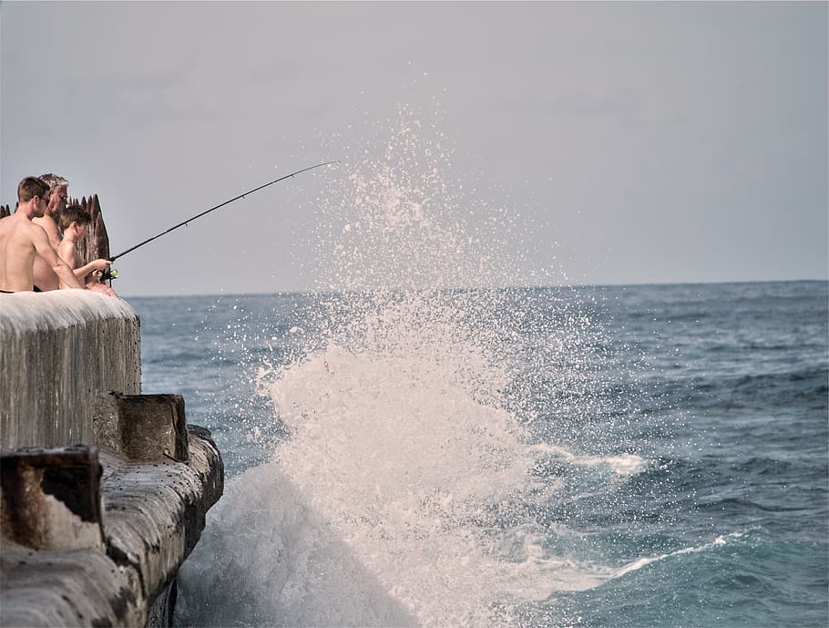 boys fishing, daytime, men, s, fishing, photo, dock, pier, splash, water, ocean, sea, people, horizon over water, two people, vacations, getting away from it all, mature adult, weekend activities, rear view, tranquil scene, horizon, motion, splashing, adult, sky, leisure activity, nature, fishing rod, rock, activity, rod, holiday, outdoors, 1080P