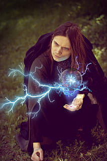 male, character, showing, electric, orb, witch, mag, magic ball, magic, witchcraft, spell, fantasy, nature, illustration, medieval way, historical, one person, real people, lifestyles, holding, leisure activity, young women, land, illuminated, young adult, glowing, front view, long hair, women, focus on foreground, looking, three quarter length, hairstyle, outdoors, teenager, 4K, CC0, public domain, royalty free
