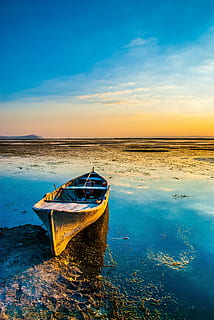 brown, canoe, bodies, water, daytime, docked, boat, near, body, blue, sky, orange, cloud, sunset, sunrise, wooden, reflection, horizon, nature, landscape, sea, no people, scenics, outdoors, nautical vessel, scenics - nature, beauty in nature, moored, mode of transportation, tranquility, transportation, cloud - sky, tranquil scene, beach, land, idyllic, rowboat, 4K