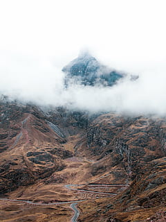 aerial, photography, winding, road, leading, mountain, clouds, sky, street, brown, travel, adventure, trek, fog, landscape, scenics, nature, smoke - physical structure, cloud - sky, day, no people, outdoors, environment, beauty in nature, scenics - nature, non-urban scene, geology, land, physical geography, tranquility, extreme terrain, travel destinations, power in nature, smog, climate, 4K, CC0, public domain, royalty free