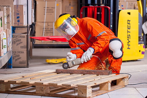 man, kneeling, holding, angle grinder, Industrial, Security, Logistic, work clothes, industrial safety, protective goggles, vest, worker, mandatory, manufactures, personal protection, supervisor, tool, fierro, steel, knee pads, coverall, cut, shoes, shoes safety, only men, one man only, helmet, hardhat, headwear, adults only, occupation, protection, industry, working, safety, protective workwear, men, coveralls, occupational safety and health, reflective clothing, one person, adult, clothing, protective glove, hat, effort, 4K, CC0, public domain, royalty free