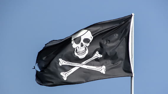 black, white, pirates flag photo, daytime, black and white, pirates, flag, photo, skull, symbol, skeleton, pirate ship, bone skull, anarchy, spooky, sky, no people, outdoors, day, human skeleton, low angle view, bone, waving, warning symbol, sign, wind, communication, blue, black color, patriotism, fear, emotion, warning sign, nature, 2K, CC0, public domain, royalty free