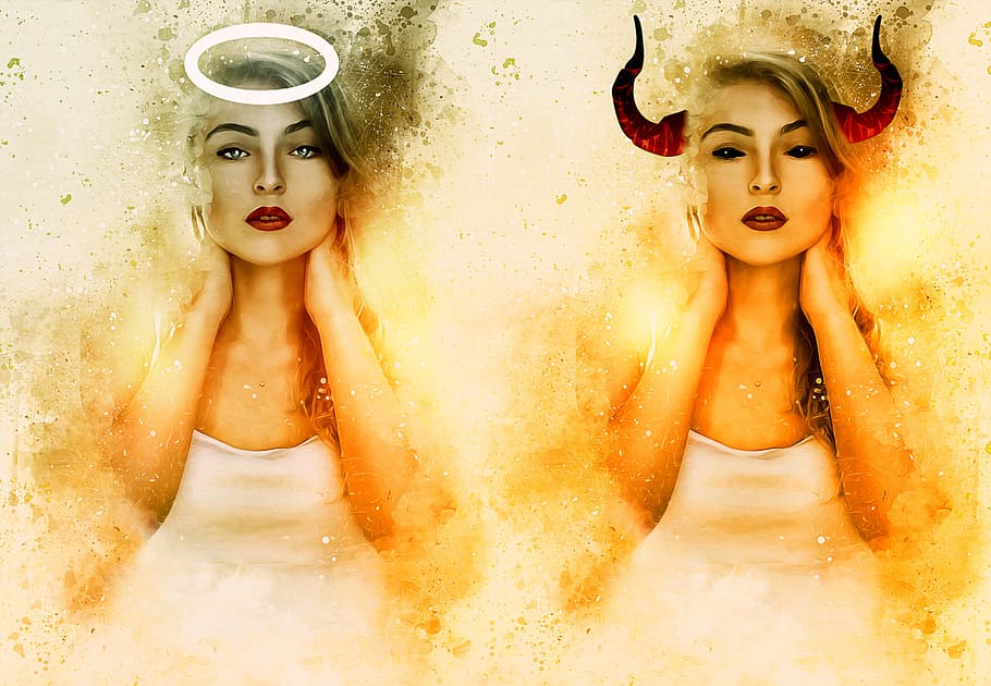 il·lustració, dona, portar, blanc, superior, àngel, diable, àngel i dimoni, àngel diable, bo, satan, Sant, dimoni, banyes, halo, disseny, disseny de fantasia, temptació, femella, bellesa, model, jove, fosc, surrealista, eteri, adult, adult jove, dones, a l'interior, retrat, gent, femelles, bany, primer pla, representació humana, naturalesa, representació, brillant, mirant la càmera, dones joves, estrany, dona guapa, luxe, 5K