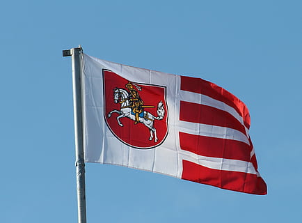 Flag, Flutter, Blow, Dithmarschen, red, patriotism, blue, outdoors, day, low angle view, sky, nature, clear sky, no people, wind, pole, environment, sign, sunny, communication, law, symbol, government, 2K, CC0, public domain, royalty free