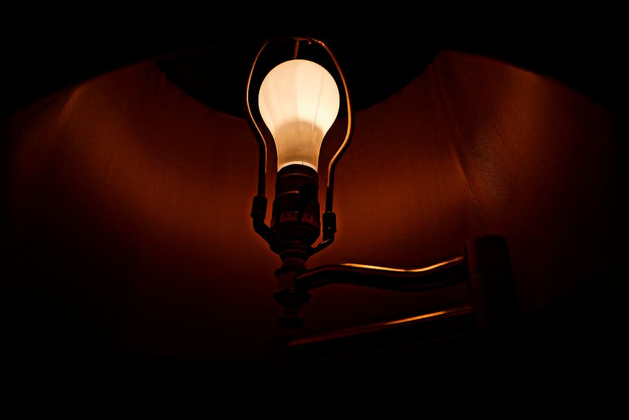 white table lamp, Lightbulb, Idea, Lamp, Bulb, Business, light, innovation, creative, creativity, solution, inspiration, success, symbol, imagination, energy, technology, electricity, power, bright, intelligence, brainstorming, electric, lighting equipment, illuminated, light bulb, fuel and power generation, indoors, dark, close-up, no people, electric lamp, electric light, glowing, light - natural phenomenon, darkroom, retro styled, low angle view, wall - building feature, black background, light fixture, 5K