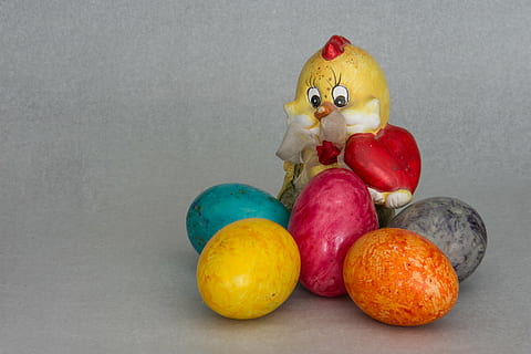 easter, easter eggs, holiday, spring, egg, celebration, color, decoration, colorful, yellow, season, blue, tradition, traditional, easter egg hunt, celebrate, symbol, colored, happy, painted, decorative, gray background, food, gray, food and drink, indoors, studio shot, representation, still life, no people, freshness, healthy eating, variation, fruit, art and craft, creativity, choice, 5K, CC0, public domain, royalty free