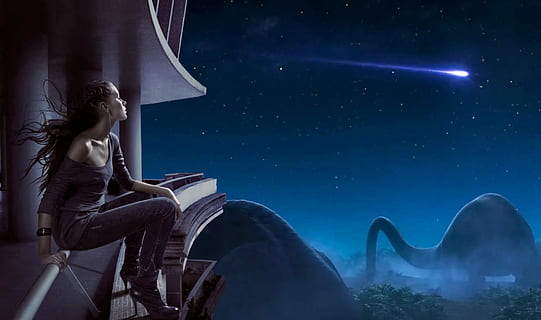 femme, noir, gris, chemise à col rond, fantaisie, dinosaure, futur, passé, futur, passé, préhistorique, science fiction, sci fi, à l'extérieur, nuit, étoiles nocturnes, regardant, négliger, balcon, regarder les étoiles, étoile filante, rêveur, fille, bleu, étoile - espace, illuminé, une personne, galaxie, jeune adulte, astronomie, ciel, espace, adulte, jeune femme, la nature, lune, séance, trois quarts, femmes, foncé, composite numérique, coiffure, clair de lune, 1080P, CC0, domaine public, libre de droits