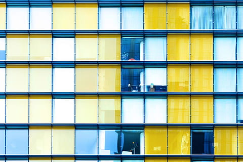 colourful buildings, grid-based design, windows, Colourful, buildings, grid-based, design, architecture, abstract, building, window, glass - Material, facade, building Exterior, urban Scene, office Building, built Structure, modern, skyscraper, reflection, blue, city, business, downtown District, city Life, outdoors, pattern, backgrounds, full frame, yellow, no people, day, low angle view, side by side, office building exterior, wall - building feature, 4K