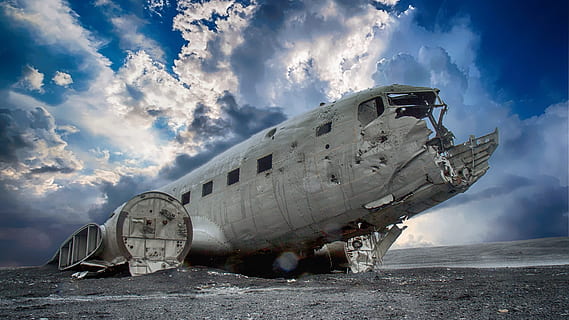 wrecked, airplane, blue, sky, white, clouds, daytime, plane, wreck, broken, aircraft, aviation, wreckage, cloud - sky, transportation, air vehicle, mode of transportation, accidents and disasters, crash, nature, no people, travel, abandoned, outdoors, military, history, destruction, day, environment, land, damaged, ruined, aerospace industry, navy, demolished, 5K, CC0, public domain, royalty free