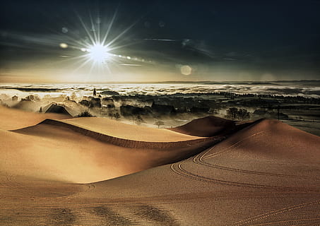 Foto, bjerg, sol, ørken, by, Sky, horisont, landskab, billede, scenics - natur, miljø, himmel, Klit, skønhed i naturen, ro, ikke-urbane scene, rolig scene, sollys, jord, sand, sky - himmel, natur, fjern, ingen mennesker, klima, tørt klima, udendørs, linseflare, lyse, 1080P, CC0, offentligt domæne, royaltyfrie