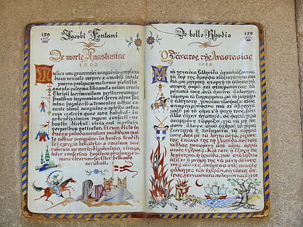 starý, spisy, středověk, řecký, italština, psát, bible, nikdo, zdravotnictví a lékařství, papír, detail, den, text, sdělení, uvnitř, vydání, západní skript, rezervovat, vysoký úhel pohledu, přímo nad, stálý život, víra, náboženství, vícebarevné, non-západní skript, skript, vzdělání, otevřeno, umění a řemesla, květinový vzor, 2K, CC0, veřejná doména, bez autorských práv