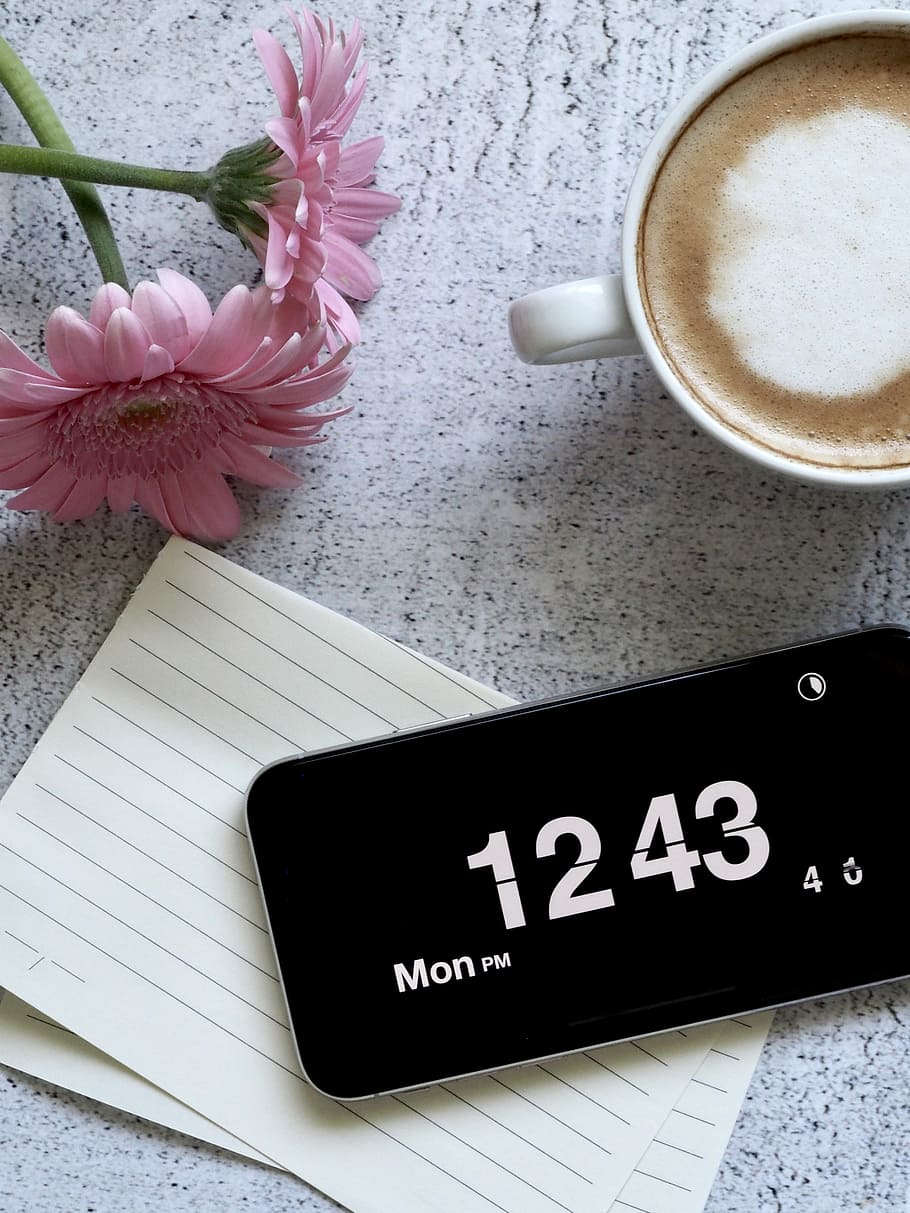 sort, smartphone, visning, 00:43, kop, kaffe, ved siden af, lyserød, blomst, tid, ur, papir, skrivning, skab, krus, kaffekop, kaffe - drikke, drikke, mad og drikke, blomstrende plante, bord, forfriskning, friskhed, stilleben, meddelelse, plante, høj vinkel visning, tekst, ingen mennesker, indendørs, vestlige script, varm drikke, blomsterhoved, porcelæn, latte, 4K