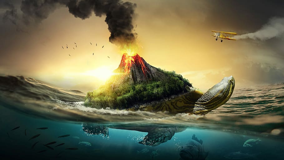 fons de pantalla de l'illa de la tortuga, mar, tortuga, volcà, posta de sol, peix, naturalesa, bonic, paisatge, aigua, oceà, fons de pantalla, fantasia, sol, llum solar, poc, illa, núvol, cel, animal, fum, avions, volar, sota l'aigua, transport, núvol - cel, volant, moviment, vehicle aeri, cap gent, medi ambient, temes d'animals, vaixell nàutic, signe, senyal d'advertència, foc, cremant, a l'aire lliure, compost digital, 4K