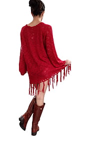 black, haired woman, red, tassel shirt, wearing, brown, leather boots, black haired, woman in red, shirt, leather, boots, boho, boho-chic, bohemian, chic, fashion, indian, crochet, cardigan, sweater, sweater dress, dress, dresses, red dress, red sweater, women, white Background, one Person, full Length, people, isolated, females, dancing, studio Shot, adult, beauty, one woman only, young adult, only women, indoors, cut out, clothing, standing, lifestyles, leisure activity, rear view, beautiful woman, 4K, CC0, public domain, royalty free