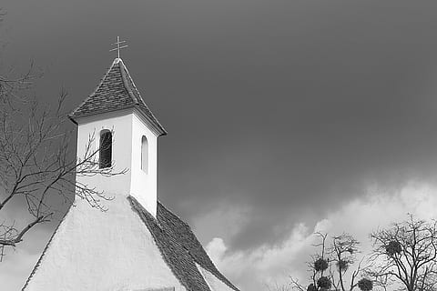 steeple, clouds, spire, sky, religion, belief, place of worship, spirituality, architecture, built structure, tree, building, building exterior, nature, tower, plant, beauty in nature, landscape, no people, outdoors, 4K, CC0, public domain, royalty free