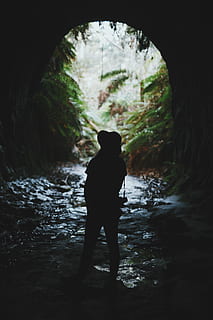 two, person, inside, cave duirng, daytime, silhouette, cave photo, cave, photo, nature, people, outdoors, hiking, one Person, forest, solitude, water, men, back Lit, walking, mystery, adventure, rear view, tunnel, standing, tree, leisure activity, real people, land, full length, day, lifestyles, trip, vacations, arch, 5K, CC0, public domain, royalty free