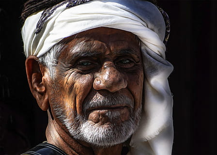 sciarpa bianca da uomo, arabi, viso, Oriente, Arabo, Islam, musulmano, uomo, vecchio, modo, profeta, turbante, ritratto, pittura digitale, maschio, umano, colpo alla testa, adulto senior, peli del viso, adulto, una persona, volto umano, rugoso, parte del corpo umano, barba, parte del corpo, guardando la fotocamera, persone reali, stili di vita, vista frontale, avvicinamento, sfondo nero, uomini, 1080P, CC0, dominio pubblico, privo di copyright
