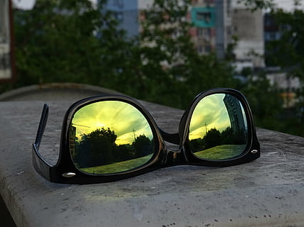 reflections, sky, sunglasses, light, landscape, sunset, nature, glasses, focus on foreground, fashion, reflection, close-up, glass - material, transparent, day, tree, no people, plant, eyeglasses, personal accessory, outdoors, road, security, architecture, city, eyewear, surface level, 2K, CC0, public domain, royalty free