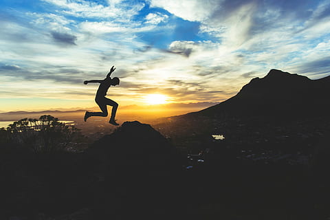 silhouette, person, jumping, mountain, sunset, nature, outdoors, people, sky, men, sport, one Person, back Lit, healthy Lifestyle, freedom, exercising, cloud - sky, no people, airplane, leisure activity, lifestyles, real people, beauty in nature, tranquil scene, scenics - nature, tranquility, full length, standing, limb, land, human arm, arms raised, 2K, CC0, public domain, royalty free