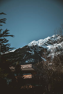 Marrone, calcestruzzo, costruzione, montagna, coperto, nevi, giorno, fotografia ad angolo basso, innevato, pendio di montagna, foresta, albero, pino, la neve, freddo, inverno, Casa, 4k, carta da parati hd, natura, sfondo, cielo, Natale, architettura, pianta, temperatura fredda, cielo sereno, struttura costruita, nessuno, bellezza nella natura, scenics - natura, esterno dell'edificio, all'aperto, copia spazio, scena tranquilla, montagna innevata, 5K, CC0, dominio pubblico, privo di copyright
