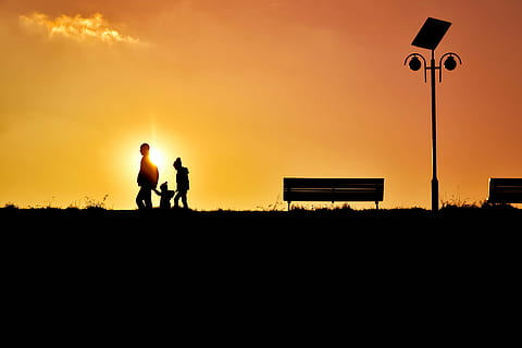 backlit, bench, children, dark, dawn, daylight, dusk, evening, family, fog, girl, happy, lamp post, landscape, men, outdoors, people, relationship, silhouette, sun, sunrise, sunset, travel, young, sky, orange color, two people, nature, leisure activity, real people, land, lifestyles, beauty in nature, street, scenics - nature, field, standing, sport, togetherness, 5K, CC0, public domain, royalty free