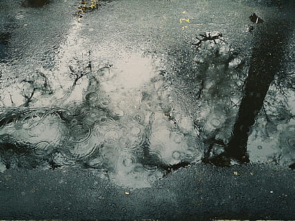 water drop, ground, grayscale photo, water, puddle, pavement, rain, rain drop, ripple, reflection, texture, closeup, dark, wet, no people, nature, day, high angle view, outdoors, road, street, city, land, transportation, sea, cold temperature, close-up, 4K, CC0, public domain, royalty free