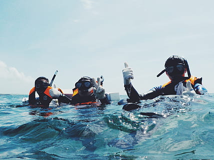 three, person, body, water, diving, sea, sky, lifestyles, waterfront, group of people, leisure activity, sport, real people, aquatic sport, scuba diving, nature, enjoyment, men, people, beauty in nature, adventure, underwater, swimming, underwater diving, outdoors, snorkeling, diving suit, 4K, CC0, public domain, royalty free