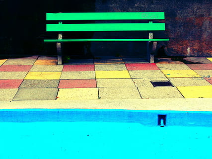 photo, green, wooden, bench, beside, wall, blue, pool, tiles, bright, yellow, no people, multi colored, day, outdoors, close-up, seat, absence, empty, flooring, architecture, wall - building feature, nature, footpath, built structure, sidewalk, tile, city, sign, tiled floor, 2K, CC0, public domain, royalty free