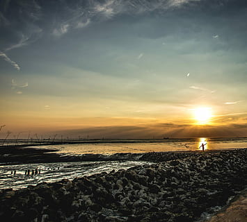 watt, vand, ebbe, solnedgang, strand, hav, himmel, natur, sol, skønhed i naturen, scenics - natur, jord, sky - himmel, ro, rolig scene, rigtige mennesker, idyllisk, orange farve, sollys, udendørs, mennesker, horisont over vand, 1080P, CC0, offentligt domæne, royaltyfrie