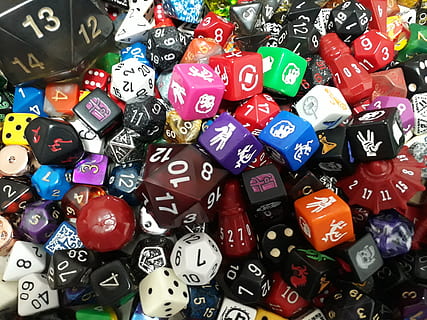 assorted-color die lot, Dice, D20, Game, D12, D8, Rpg, Die, role, d4, d10, d100, d6, dragons, dungeons, multiple, polyhedral, playing, luck, board, roleplay, roleplaying, role-playing, editorial, gambling, red, leisure Games, large group of objects, abundance, variation, multi colored, no people, backgrounds, full frame, choice, still life, number, close-up, collection, indoors, heart shape, retail, text, arts culture and entertainment, for sale, 4K, CC0, public domain, royalty free
