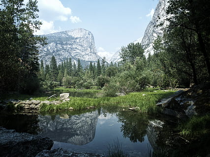 Mirror Lake, yosemite, Ulusal, park, vücut, Su, çevrili, ağaçlar, dağ, göl, yansıma, kayaçlar, yeşil, çimen, kar, Ulusal park, ağaç, bitki, manzaralar - doğa, gökyüzü, doğada güzellik, doğa, huzur, sakin sahne, gün, Kaya, insansız, büyüme, bulut - gökyüzü, katı, kaya - nesne, açık havada, 4K, CC0, kamu malı, telif ücretsiz