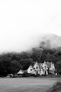 grayscale photo, house, gray, scale, photography, building, structure, cloud, sky, tree, nature, mountain, fog, cold, black and white, built structure, architecture, building exterior, no people, rural scene, outdoors, plant, landscape, residential district, environment, land, scenics - nature, day, 4K, CC0, public domain, royalty free