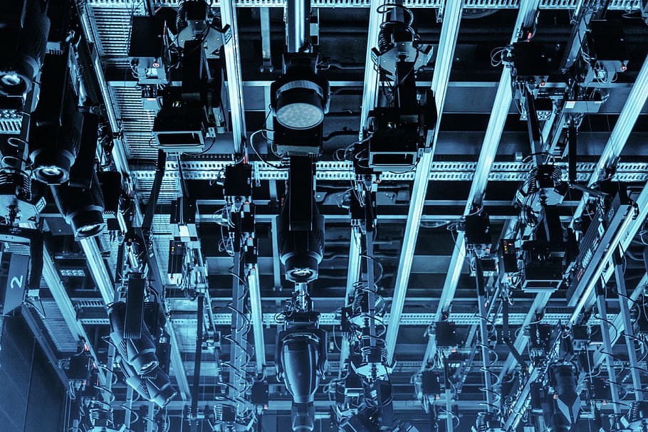 technology, advanced, lights, ceiling, full frame, backgrounds, electronics industry, no people, industry, metal, machinery, complexity, high angle view, indoors, large group of objects, close-up, still life, abundance, connection, pattern, equipment, fuel and power generation, repetition, 4K