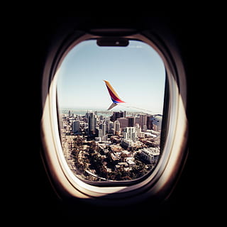 city, flight, landscape, sky, buildings, cityscape, clouds, outdoors, skyline, trees, architecture, building exterior, built structure, window, building, nature, no people, travel, glass - material, transparent, day, residential district, travel destinations, skyscraper, office building exterior, 2K, CC0, public domain, royalty free