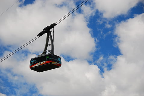 cable car, mountain, sky, clouds, blue, dolomites, cloud - sky, low angle view, nature, transportation, day, cable, overhead cable car, mode of transportation, outdoors, ski lift, no people, travel, hanging, machinery, white color, connection, 4K, CC0, public domain, royalty free