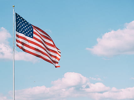 u.s., flag, hoisted, gray, metal pole, blue, cloudy, sky, daytime, pole, clouds, usa, patriotism, cloud - sky, low angle view, striped, nature, freedom, day, emotion, symbolism, red, pride, no people, wind, shape, waving, outdoors, independence, national icon, 4K, CC0, public domain, royalty free