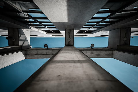 bottom-view photo, gray, building, architecture, infrastructure, blue, sky, skyscraper, tower, indoors, flooring, modern, no People, empty, built structure, building exterior, day, architectural column, incidental people, outdoors, the way forward, nature, sunlight, direction, city, one person, wall - building feature, water, ceiling, concrete, directly below, 5K, CC0, public domain, royalty free