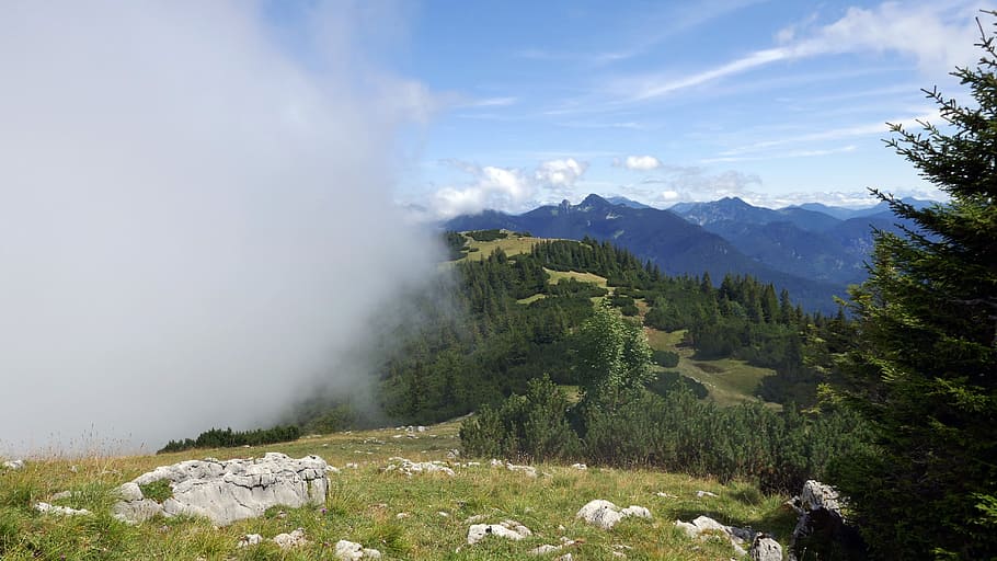 senderisme, muntanya, cim, vista, tegernsee, jelenia góra, muntanyes, contraforts dels Alps, baviera, kreuth, Alemanya meridional, naturalesa, la pastura de cérvols, paisatge, boira, canvis meteorològics, bellesa a la natura, escenics - natura, cel, núvol - cel, planta, medi ambient, escena no urbana, arbre, escena tranquil·la, cap gent, tranquil·litat, terra, geologia, dia, Serra, rock, geografia física, a l'aire lliure, 5K
