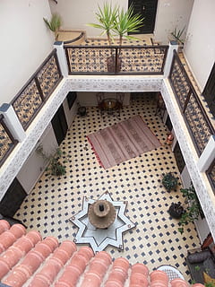 Marrakech, Riad, casba, indoors, no people, day, high angle view, table, plant, pattern, potted plant, still life, large group of objects, architecture, seat, flooring, wood - material, chair, nature, furniture, box, directly above, 2K, CC0, public domain, royalty free