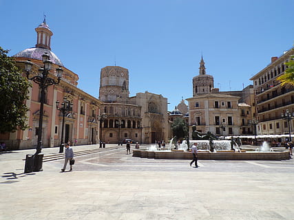 spain, value, piazza, cathedral, built structure, architecture, building exterior, building, sky, real people, travel destinations, tourism, nature, group of people, place of worship, travel, incidental people, religion, belief, the past, spirituality, history, clear sky, day, 4K, CC0, public domain, royalty free