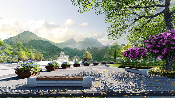 effect, landscape, lumion, plant, mountain, nature, flower, beauty in nature, flowering plant, tree, no people, water, sunlight, scenics - nature, sky, architecture, tranquility, day, outdoors, tranquil scene, travel destinations, mountain range, springtime, ornamental garden, 4K, CC0, public domain, royalty free
