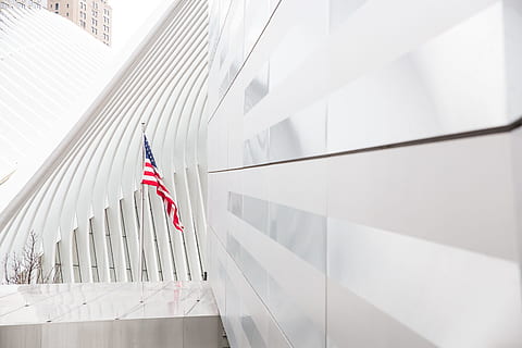 architecture, building, infrastructure, structure, establishment, white, flag, united states, patriotism, built structure, low angle view, day, building exterior, no people, pride, nature, city, white color, outdoors, architectural column, red, sunlight, government, independence, national icon, 5K, CC0, public domain, royalty free